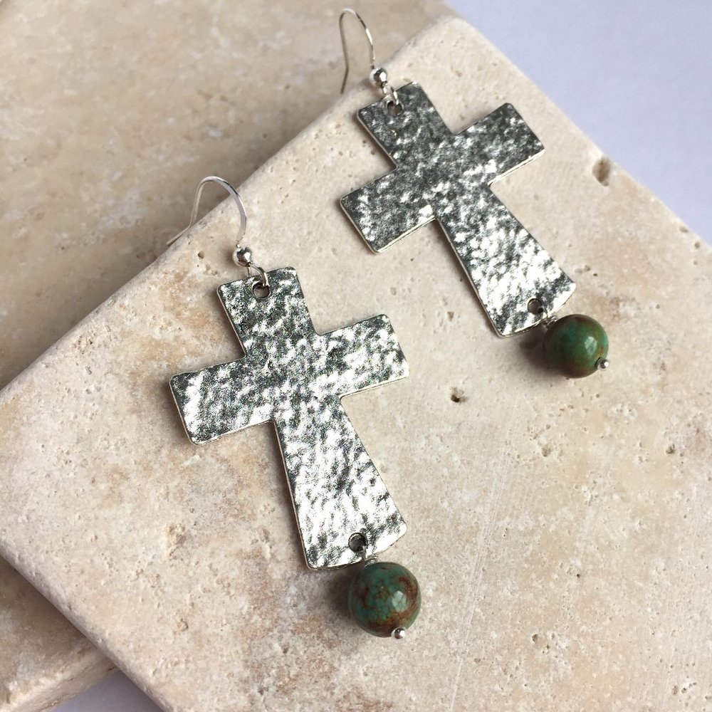 Large Silver Cross and Turquoise Stone Earrings ~NWT